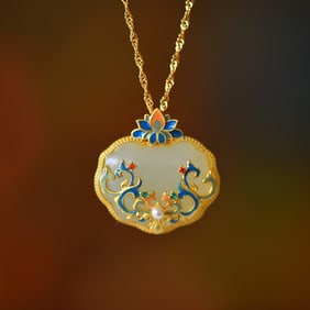 An Exquisite Sterling Silver-Gold Plated Inlaid White Jade Pendant