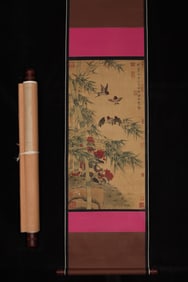 A Chinese Vertical Scroll Ink Painting of flower and bird on Silk
