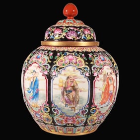 A Rare Famille Rose Black-Ground Carved Figure Pattern Tea Caddy