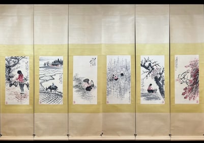 A set of Chinese ink wash silk scroll pastoral hanging scrolls
