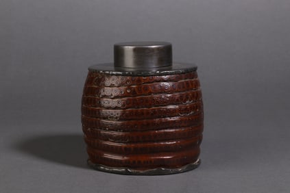 A Rare Bamboo Carved Pewter-Inlaid Tea Caddy