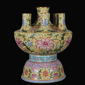 A Rare Famille-Rose Gilt Yellow-Ground Interlaced Lotus Pattern Seven-Tube Vase