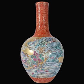 A Rare Famille Rose Carved Gold-Ground Landscape Pattern Vase
