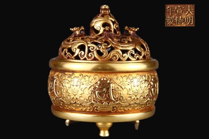 A Rare Red Copper-body Gilt Interlaced Lotus-pattern Incense Burner
