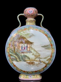 A Rare Famille-Rose Interlaced Lotus Landscape Figure Pattern Double-Ear Vase