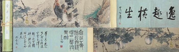 A Chinese ink wash paper scroll flower-and-bird hand scroll