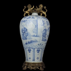 A Rare Blue and White Figure Story Pattern with Copper Lion Double-Eared Vase