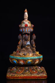 A Rare Lima Copper Chasing Painted Inlaid Dzi Bead Gemstone Old Pagoda