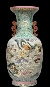 A Rare Yangcai Green Glazed Lotus and Character and Story Pattern Double-Ears Vase