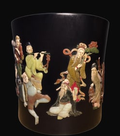 A Rare Zitanwood Inlaid Gems Character and Story Pattern Brush Pot,With poem