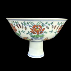 A Rare Doucai Lotus Pond and Mandarin Ducks Pattern High-foot Bowl