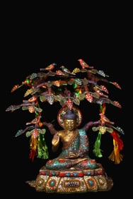 A Rare Lima Copper Inlaid Dzi Bead Gemstone Bodhi Tree Sakyamuni