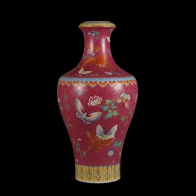 A Rare Carmine Red Ground Famille Rose Butterfly and Flower Pattern Vase