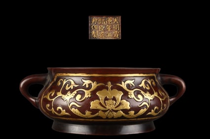 A Rare Red Copper-body Gilt Interlaced Lotus-pattern Double-handle Incense Burner