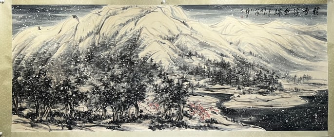 A Chinese ink wash paper scroll snowscape hand scroll