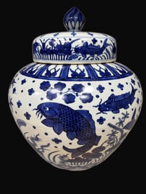 A Rare Blue and White Fish and Lotus Pattern Jar