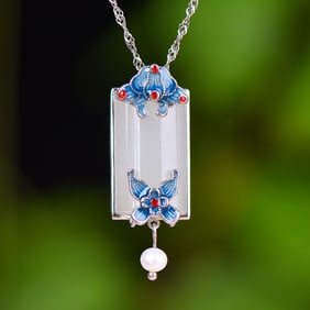 A Exquisite Sliver Inlaid Hetian Jade Enamel Flower Pattern Pendant