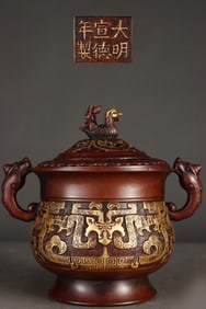 A Rare Red Copper-body Gilt Taotie Double-handle Incense Burner
