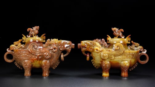 A pair of Rare ancient jade wine pots