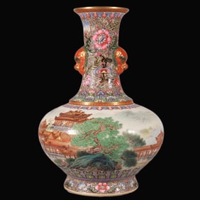 A Rare Famille-Rose Gilt Landscape Pattern Lion-Ear Vase