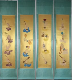 A Set of A Rare Chinese Vertical Scroll Ink Painting of Ritual Implements