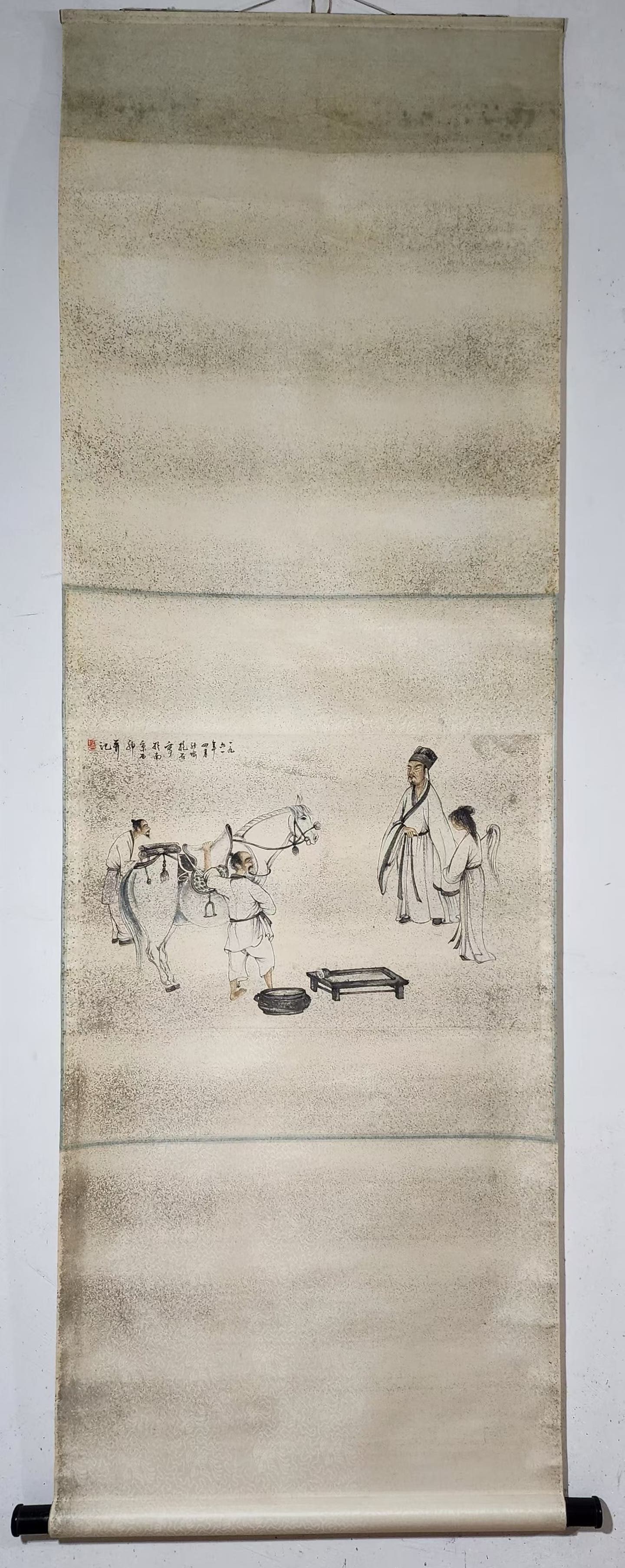 A Rare Chinese Vertical Scroll Ink Painting of Figures: A Rare Chinese Vertical Scroll Ink Painting of Figures,Fu Baoshi,Without frame Size:15.4inx23.6in 人物图立轴,傅抱石