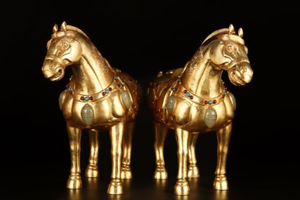 A pair of Rare Gilt Bronze Inlaid Jade Horse