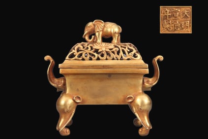 A Rare Red Copper-body Gilt Cloud-dragon-pattern Double-handle Incense Burner