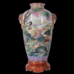 A Rare Enamel Iron-Red Outline in gold Flower and Bird Pattern Lion-Ears Mei Vase,With poem