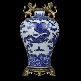 A Rare Blue and White Cloud and Dragon Pattern with Copper Lion Double-Eared Vase