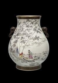 A Rare Ink Color Famille-Rose Character and Story Pattern Double-Ears Zun,With poem