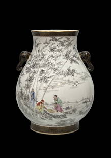 A Rare Ink Color Famille-Rose Character and Story Pattern Double-Ears Zun,With poem: A Rare Ink Color Famille-Rose Character and Story Pattern Double-Ears Zun,With poem,Qing Dynasty, China,Qianlong Six-character Mark,Size:10.2inx8.1in &#22696;&#24425;&#31881;&#24425;&#20154;&#29289;&#
