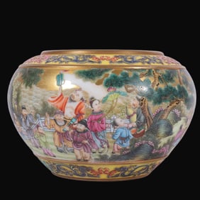 A Rare Enamel carving Golden Ground Character and Story Pattern Brush Washer