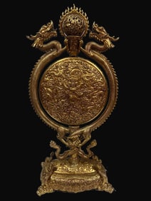 A Rare Red Copper-gilt Double Dragons Playing with Pearl Rotating Heart Screen