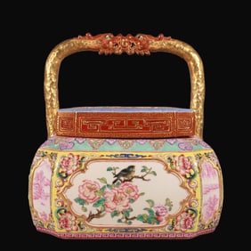A Rare Enamel Outline in gold carving Flower and Bird Pattern Charcoal Burner,With poem