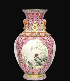 A Rare Enamel Ruby Red-Glazed Outline in gold Flower and Bird Pattern Double-Ears Vase