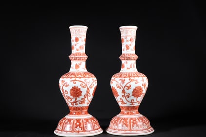 A pair of Rare Sweet white glaze Iron-Red Lotus Pattern Candlestick