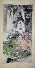 A Rare Chinese Vertical Scroll Ink Painting of Monkey