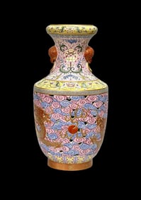 A Rare Famille-Rose Hollow Flower Dragon Pattern Double-Ears Vase