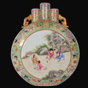 A Rare Enamel Green Ground Outline in gold Lotus and Figures Pattern Three-Spouted Vase