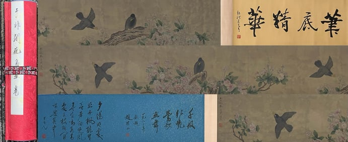 A Chinese ink wash paper scroll flower-and-bird hand scroll