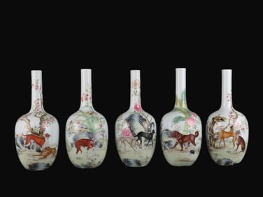 A Set of Rare Famille Rose Inscribed Ten Dogs Painting Vase