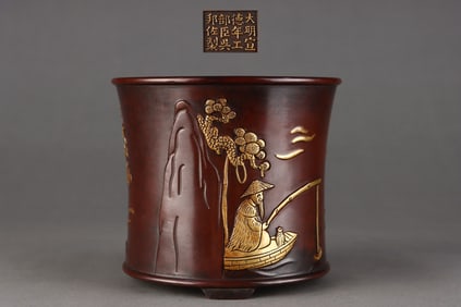 A Rare Red Copper-body Gilt Figure-story-pattern Brush Pot