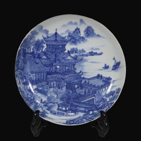 Blue and white landscape and figure pattern plate