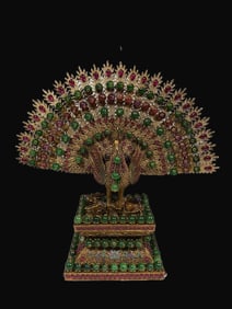 A Rare Silver-gilt Filigree Inlaid Old Jadeite Peacock