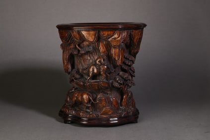 A Rare Aloeswood Carved Shepherd boy riding cattle Brush Pot