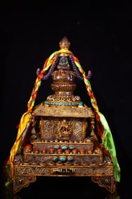 A Rare Crystal Carving Tibetan Silver Filigree Inlaid Gemstone Pagoda
