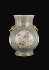 A Rare Bean Green Glaze Gilded Famille Rose Figure Riding Horse Pattern Elephant Ear Zun
