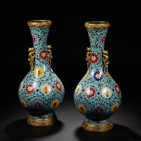 A Pair of Rare Cloisonné Intertwined Lotus-Patterned Double-Feng-Eared Vase