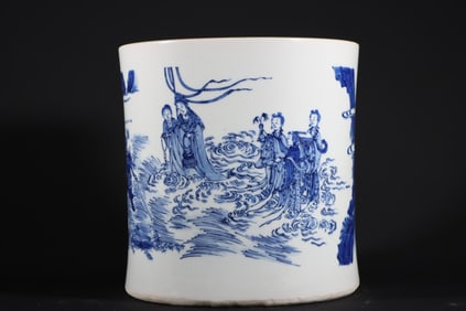 A Rare blue and white Character and Story Pattern Brush Pot